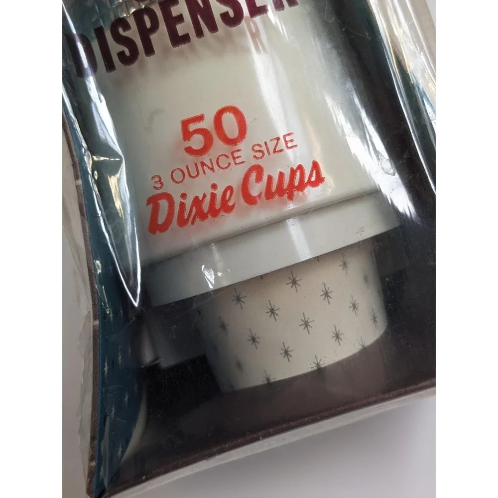 Vintage Mid‎ Century Dixie Cup Bathroom Dispenser NIP Starburst Design & 50 Cups